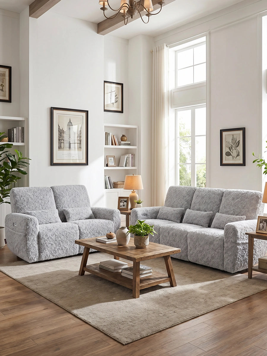 EONIX 3 seat wall hugger reclining sofa set in a bright living room.