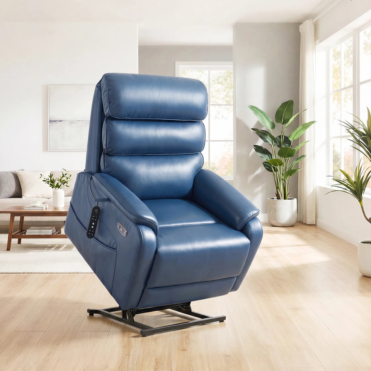 EONIX big and tall power lift chair in a standing assist position with integrated remote and side pockets. 
