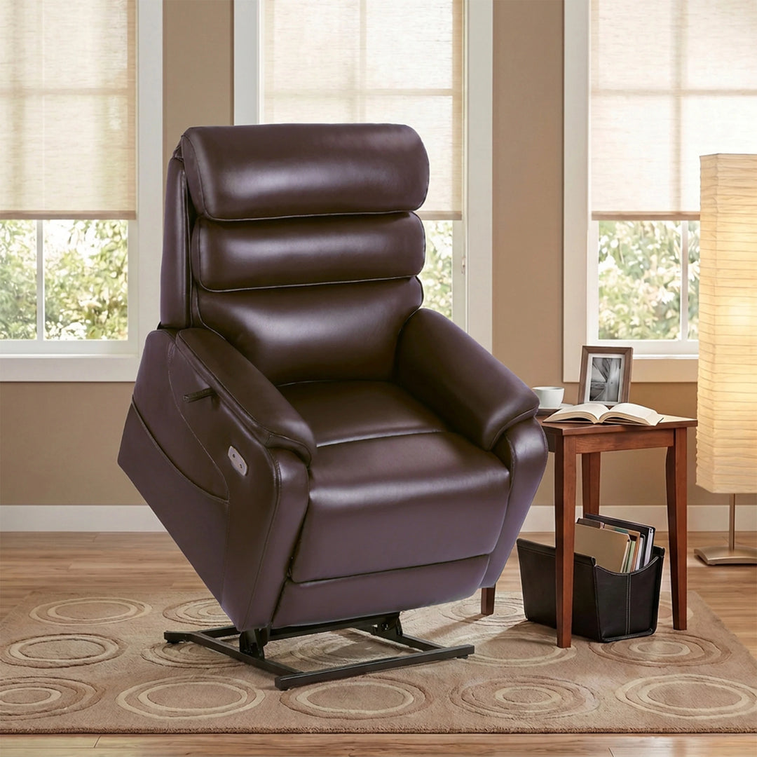 EONIX big and tall dual motor power lift chair in an upright position with a side remote controller. #dark-brown_medium