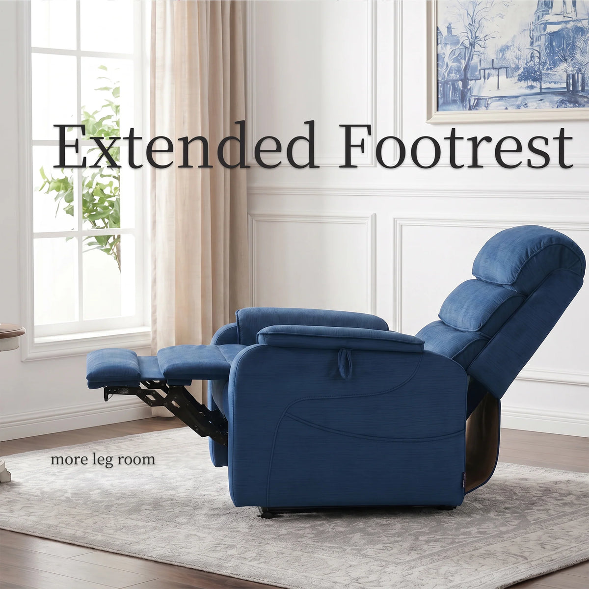 EONIX big and tall power lift chair featuring an extended footrest for superior leg room and comfort.