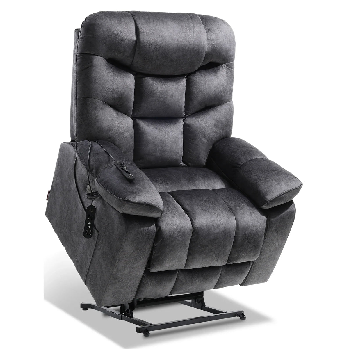 EONIX luxury oversized lift recliner in upright position with tethered remote controller for massage and power lift. 