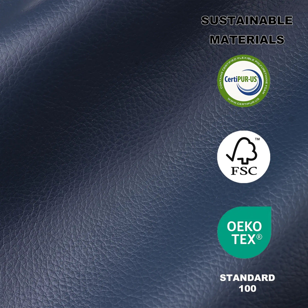 EONIX triple motor lift recliner premium eco-friendly leather texture detail with sustainable material labels.