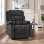EONIX upright dual motor lift recliner chair with cup holders and integrated USB port in a modern living room. 
