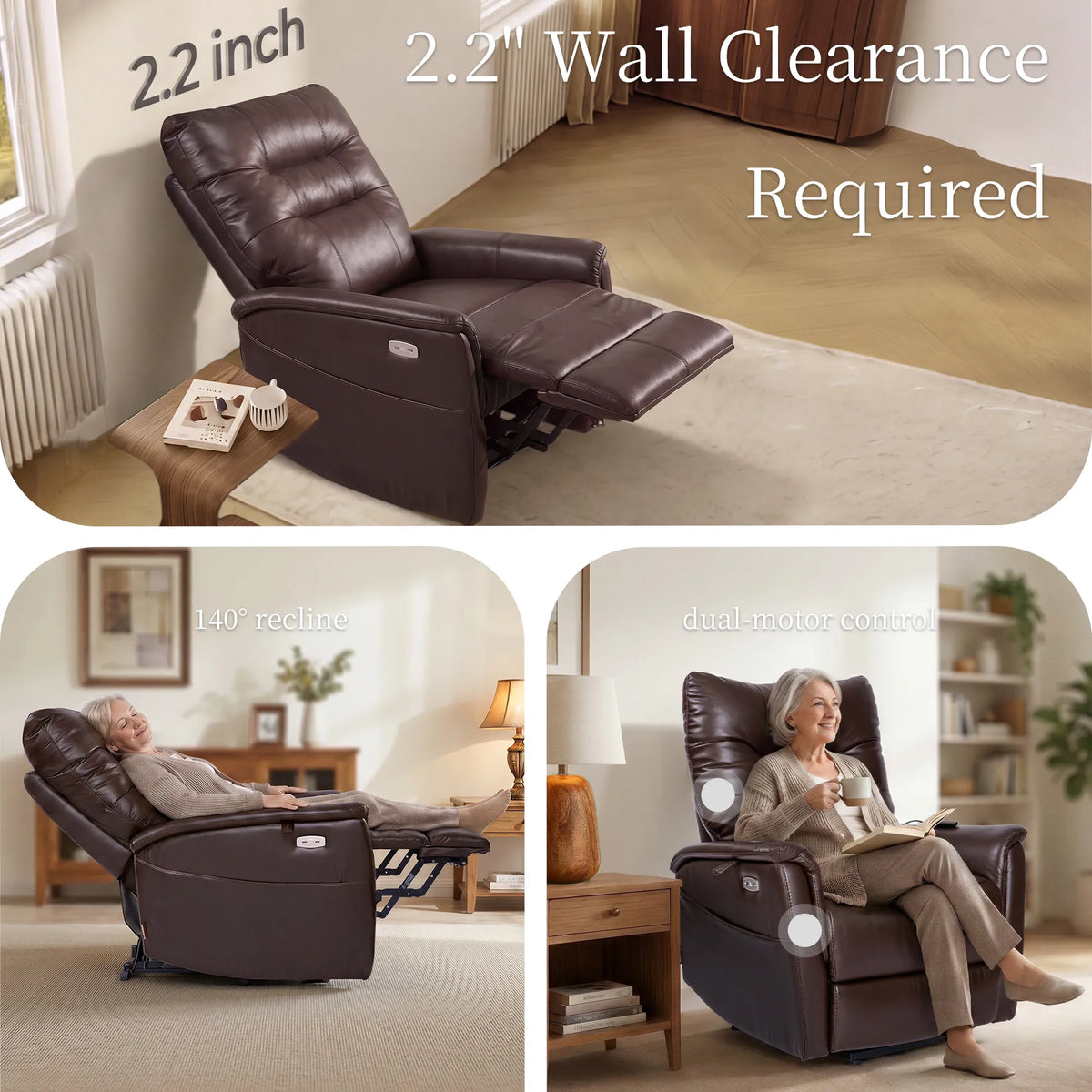 EONIX dual motor wall hugger power lift recliner showcasing 2.2 inch wall clearance and reclining functionality.