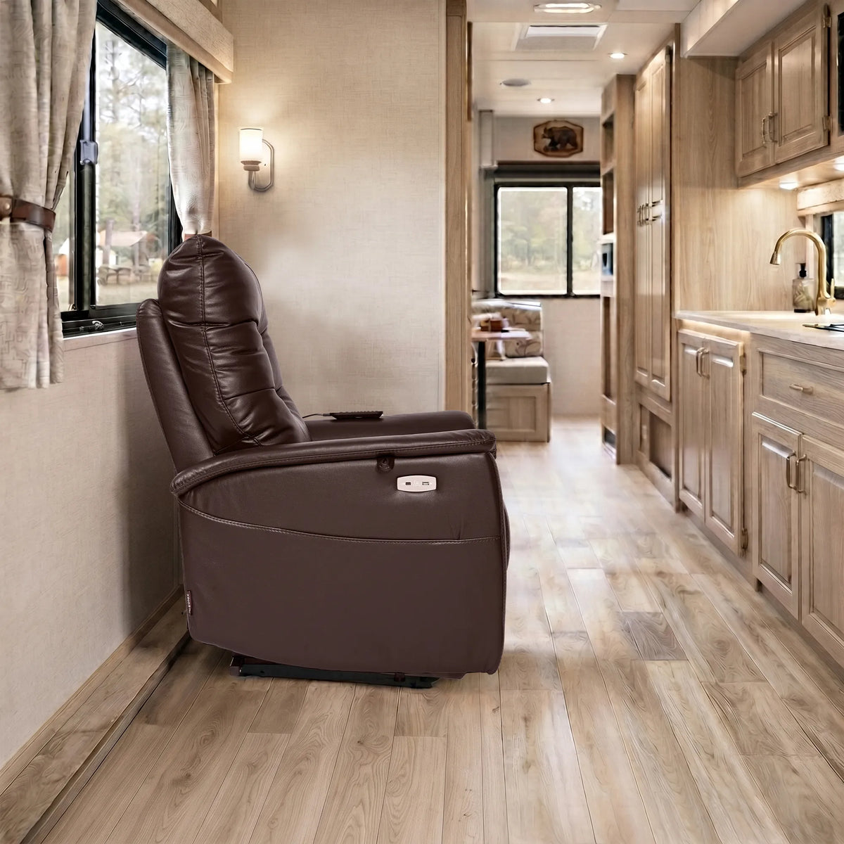 EONIX wall hugger power lift recliner in upright position for small living rooms with 2.2 inch wall clearance.