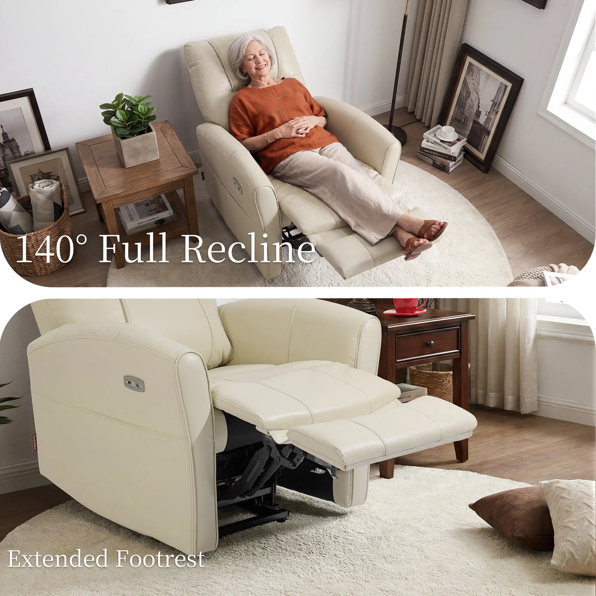 EONIX wall hugger lift recliner with extra footrest extended for maximum comfort in a small living room space.