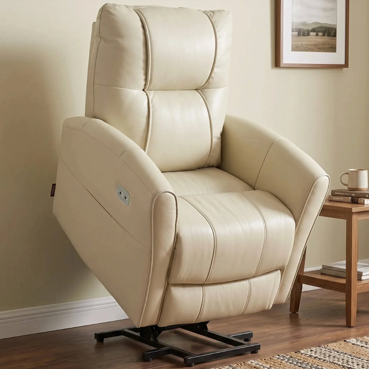 EONIX wall hugger lift recliner in a compact lift-assist standing position for small space living rooms.