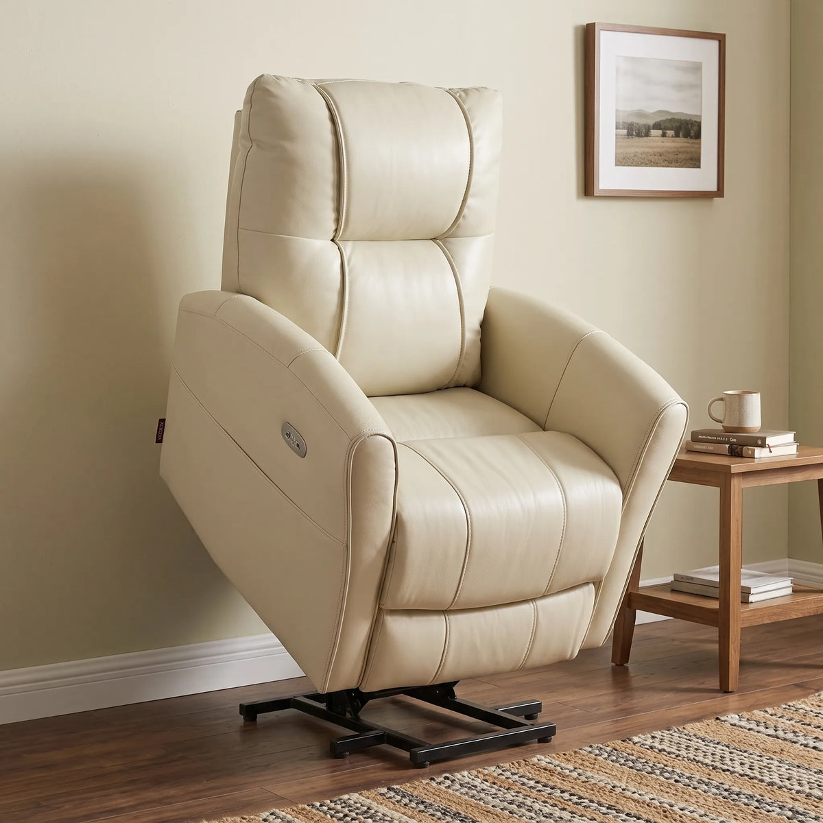 EONIX wall hugger lift recliner in a compact lift-assist standing position for small space living rooms.