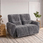 EONIX compact 2 seat power wall hugger reclining sofa with plush lumbar pillows in a modern living room. 
