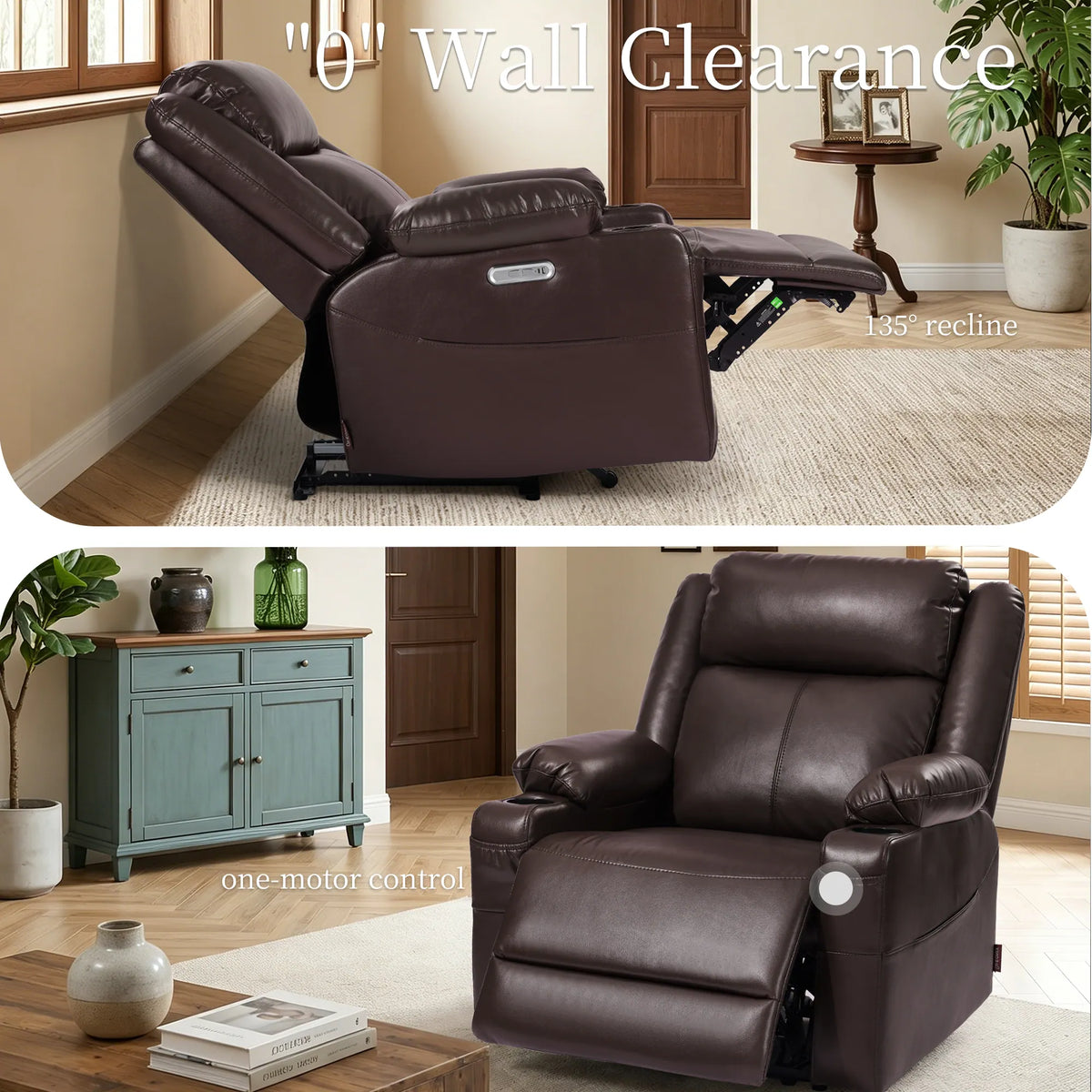 EONIX zero clearance wall hugger recliner shown in 135 degree reclined and upright positions for small spaces.
