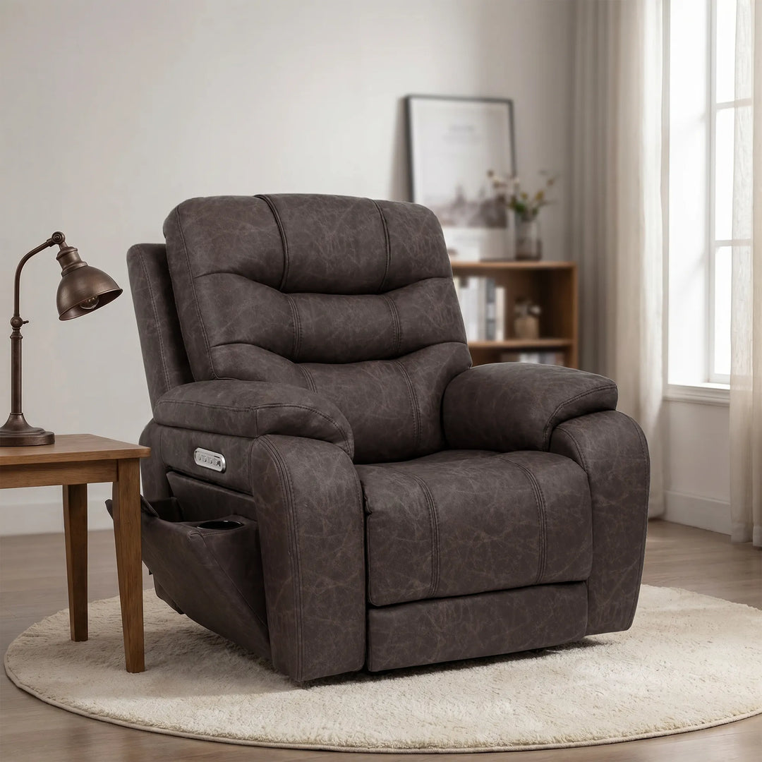 EONIX heavy duty 400 lbs power recliner in an upright living room setting with side controls.