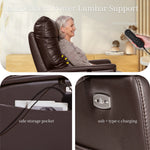 Eonix slry015 dark brown wall hugger faux leather lumbar massage recliner chair shown with a woman sitting in it, plus two close-up feature panels highlighting a side storage pocket and USB + Type-C charging port. Text overlays mention independent power lumbar support, wired remote, and the chair features.